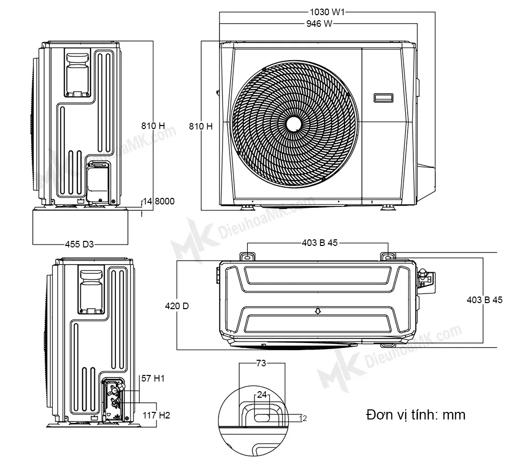 Bản vẽ kỹ thuật dàn nóng Điều hoà Midea MFPA-28CRN1