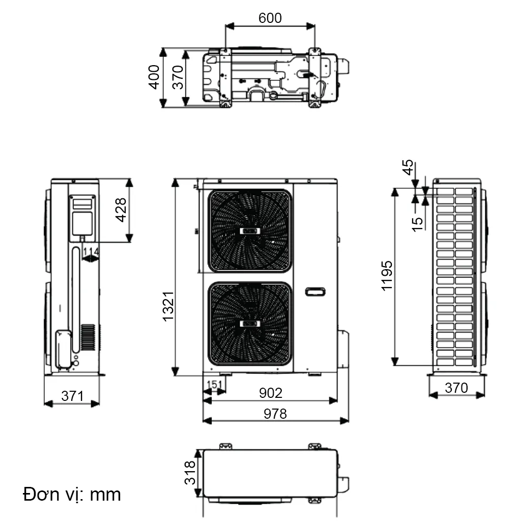 bản vẽ Kích thước dàn nóng Điều hoà tủ đứng Midea 10HP 100000BTU MFA-96CRDN1-MOUC-96CDN1-R