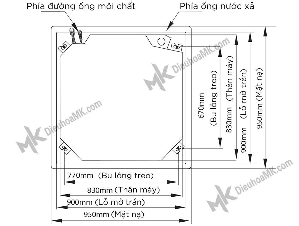 Bản vẽ kỹ thuật chính diện dàn lạnh điều hoà âm trần cassette Midea